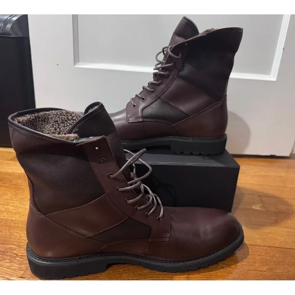 NEW Bar III Griffin Mens Brown Leather Faux Shearling Fold Over Combat Boots 12M